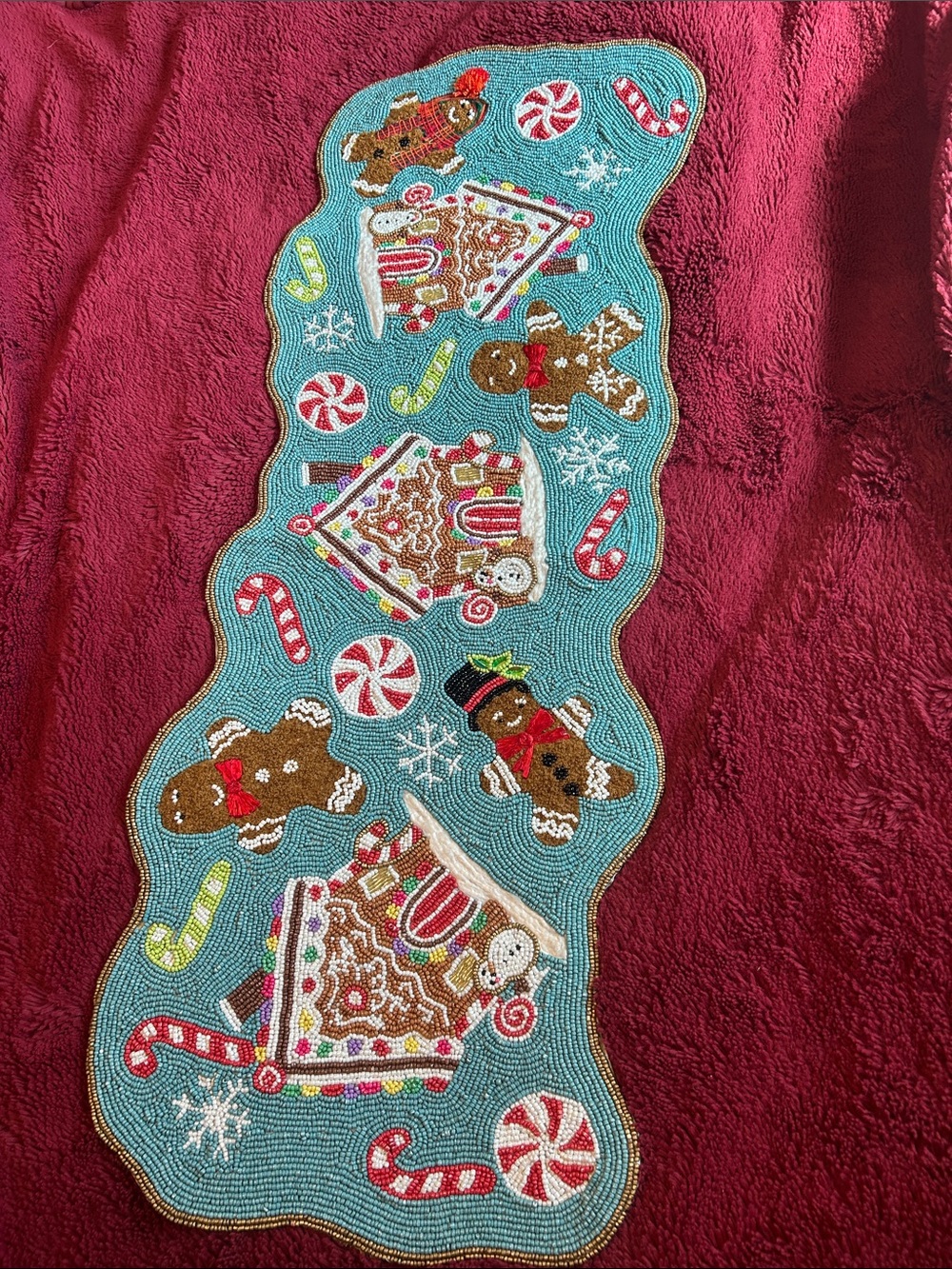 Blue Gingerbread Embroidered Beaded Table Runner